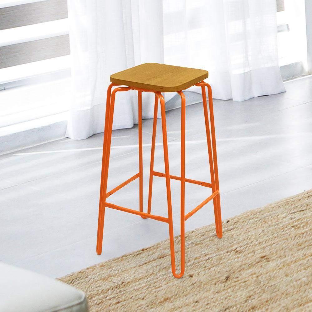 Hairpin Bar Stool with Solid Wood Seat #color_Orange