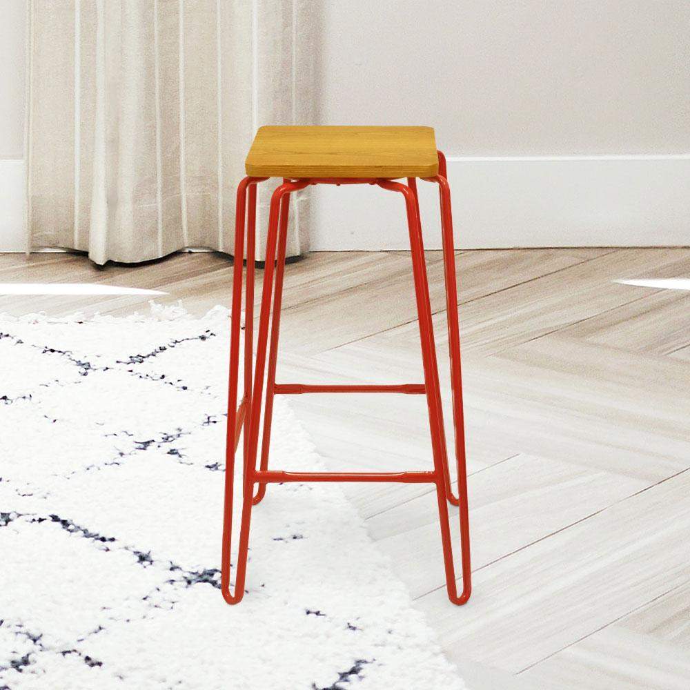 Hairpin Bar Stool with Solid Wood Seat #color_Red